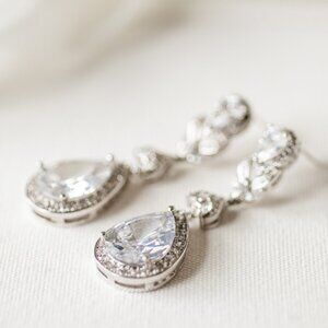 WEDDING EARRINGS SILVER  LONG DROP CUBIC ZIRCONIA